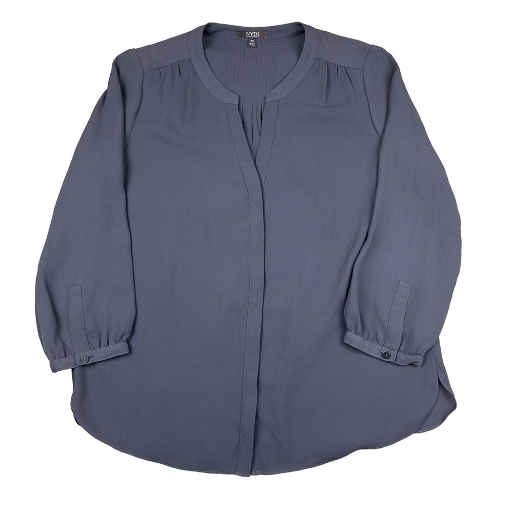 NYDJ Womens Grey Blue Pintuck Pleat V-Neck 3/4 Sleeve Blouse Top Size XS